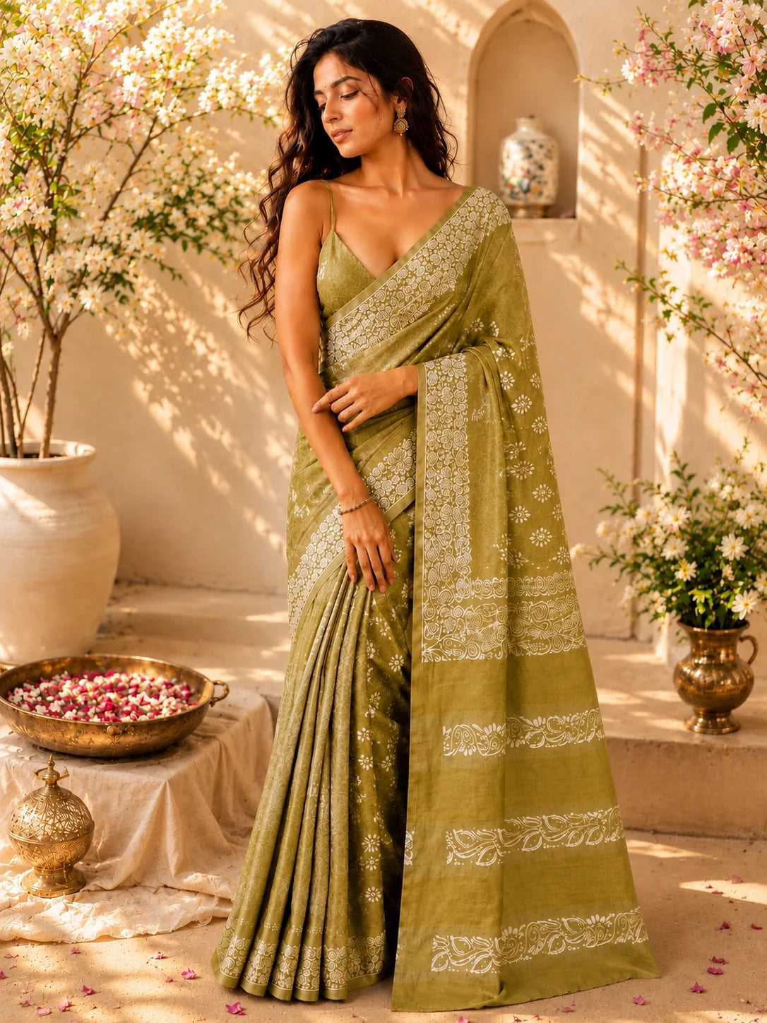 Olive Beige Tussar Batik Saree image 3