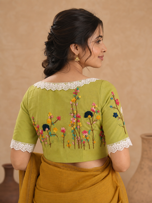 Pure Cotton Olive Green Thread Work Blouse for Women