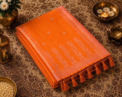 WEVOW Vibrant Orange Silk Jamdani Saree with Silver Buti Motifs & Floral Woven Border