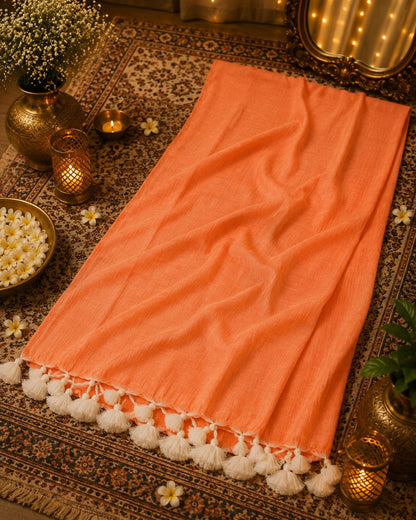 Peach Solid Color Pure Cotton Saree with White Tassel Fringe