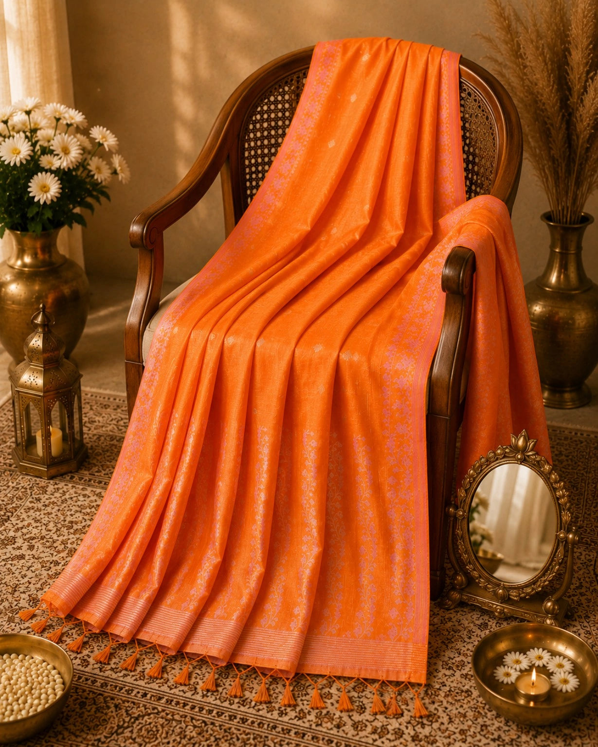 WEVOW Vibrant Orange Silk Jamdani Saree with Silver Buti Motifs & Floral Woven Border