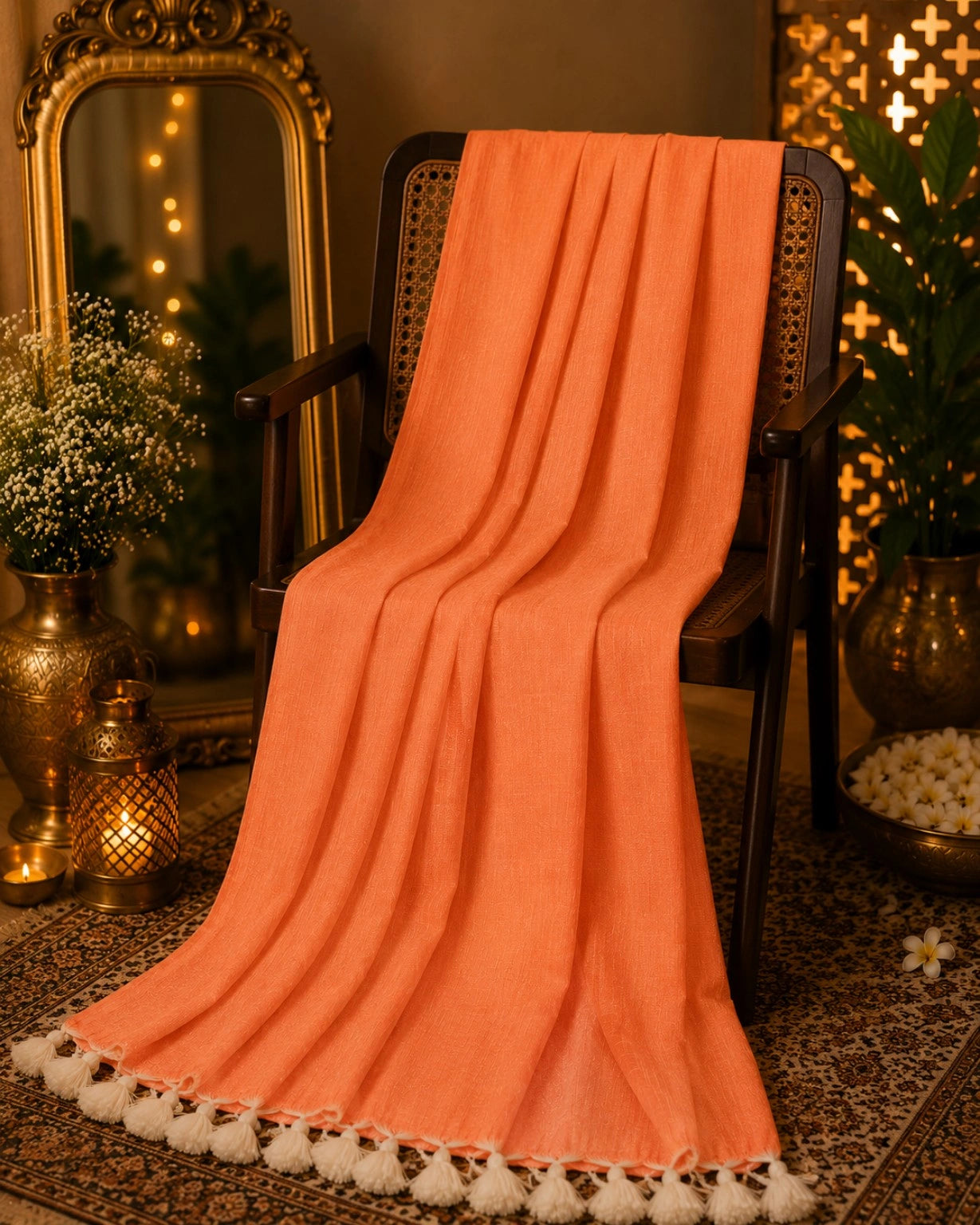 Peach Solid Color Pure Cotton Saree with White Tassel Fringe