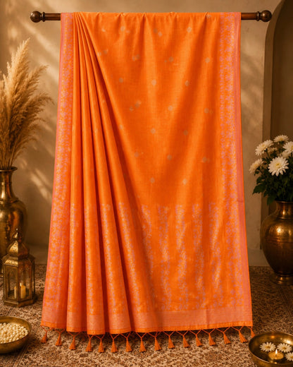 WEVOW Vibrant Orange Silk Jamdani Saree with Silver Buti Motifs & Floral Woven Border