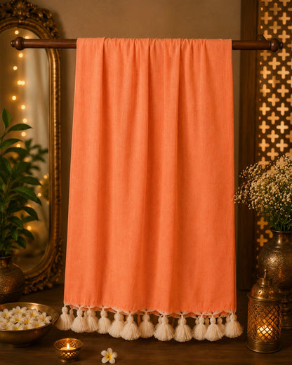 Peach Solid Color Pure Cotton Saree with White Tassel Fringe