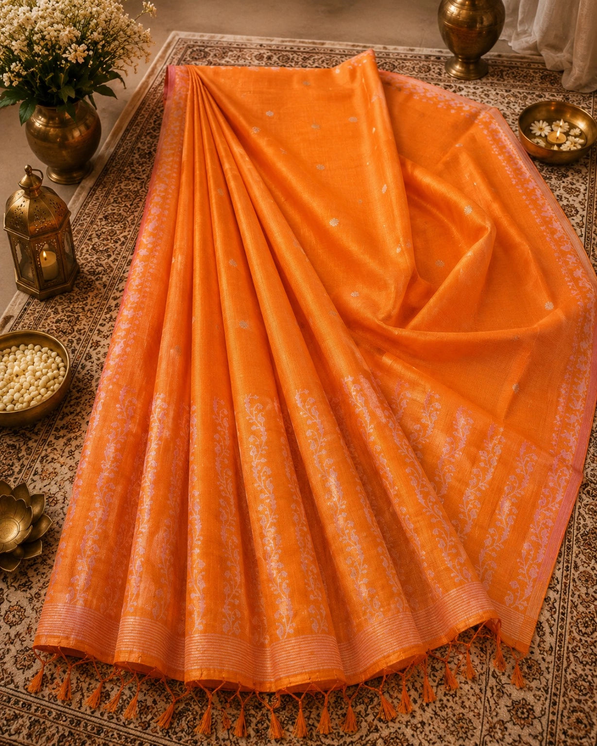 WEVOW Vibrant Orange Silk Jamdani Saree with Silver Buti Motifs & Floral Woven Border
