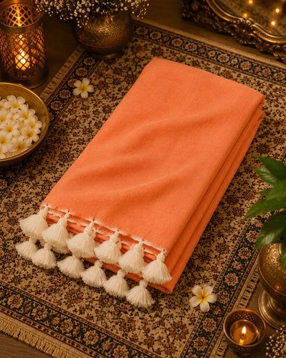 Peach Solid Color Pure Cotton Saree with White Tassel Fringe
