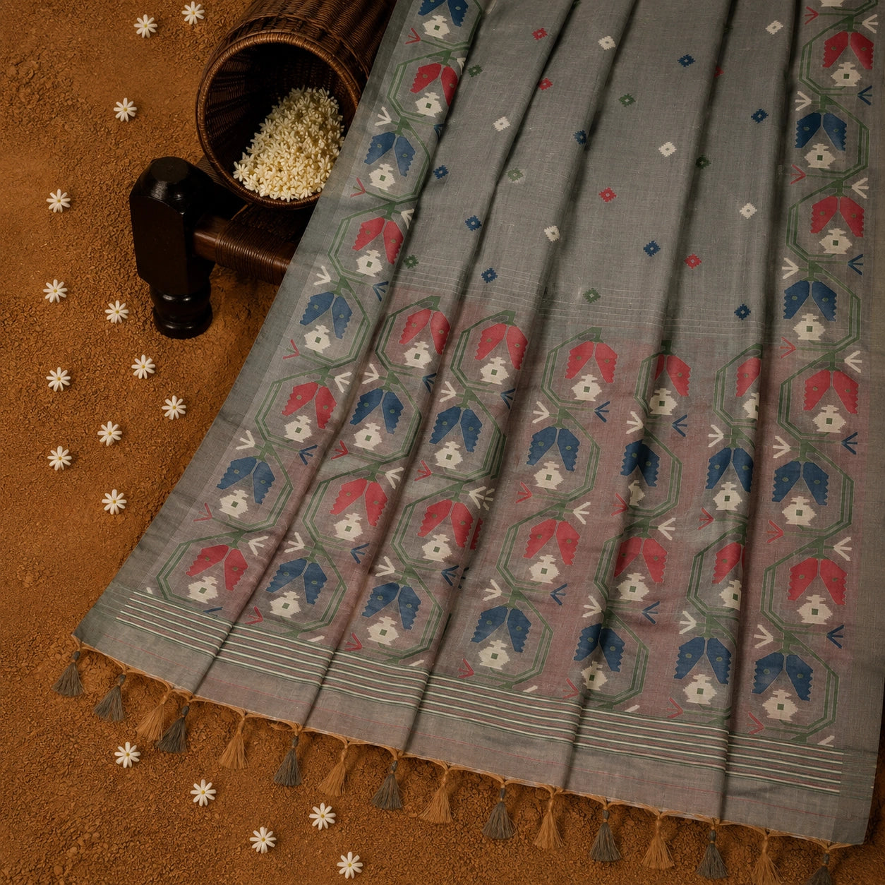 Grey Silk Jamdani Saree with Multicolor Floral Temple Border and Woven Buti Design
