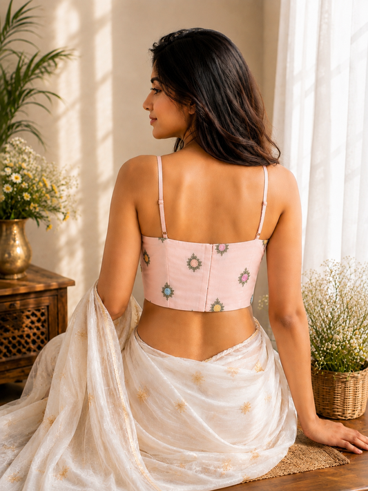 Pastel Pink Cambric Cotton Embroidered Shoulder Strap Blouse with Floral Motifs