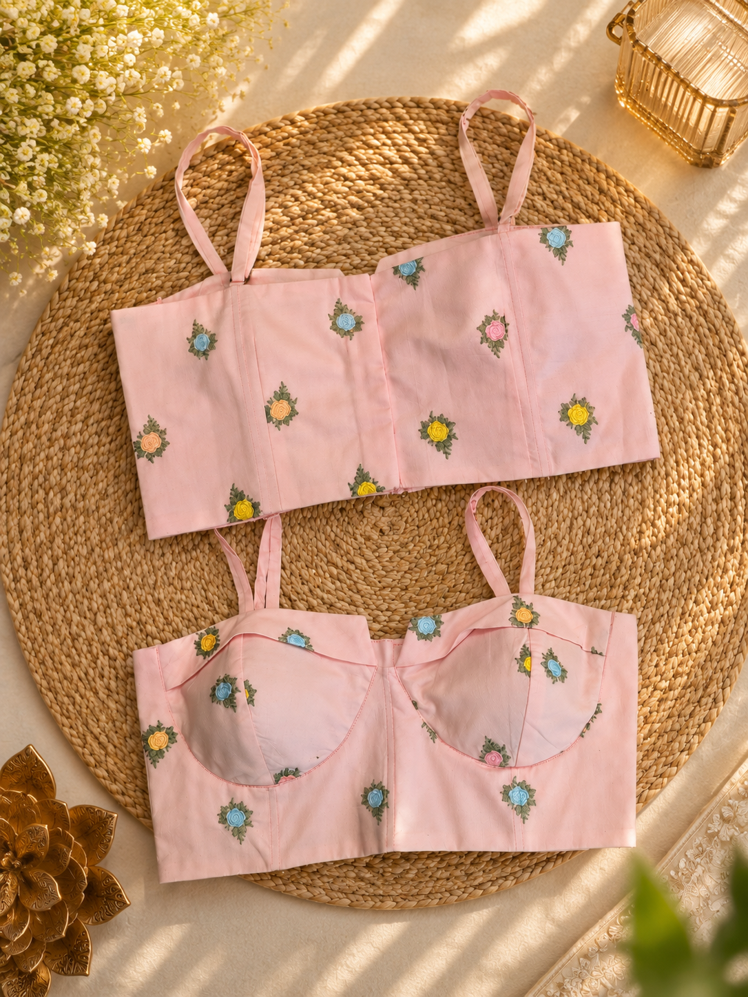 Pastel Pink Cambric Cotton Embroidered Shoulder Strap Blouse with Floral Motifs