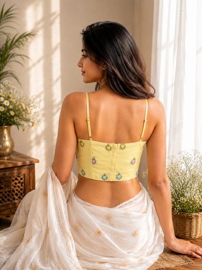 Pastel Yellow Camric Cotton Embroidered Shoulder Strap Blouse with Floral Motifs