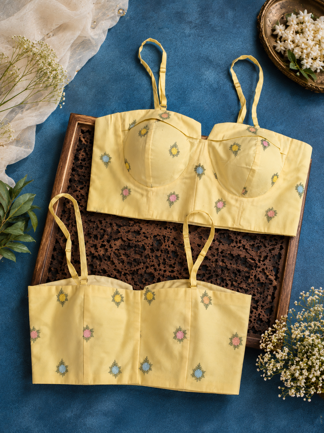 Pastel Yellow Camric Cotton Embroidered Shoulder Strap Blouse with Floral Motifs