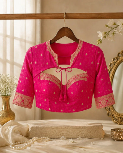 Pink Banarasi Bralette Blouse with Jacket Style Neck Overlay & Gold Zari Woven Motifs