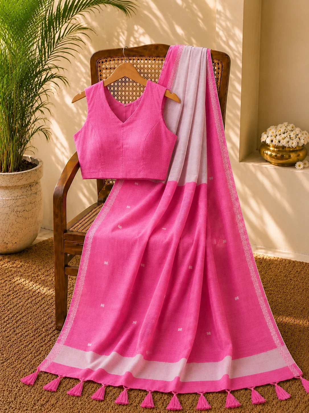 Pink Semi Tussar Jamdani Saree image 1