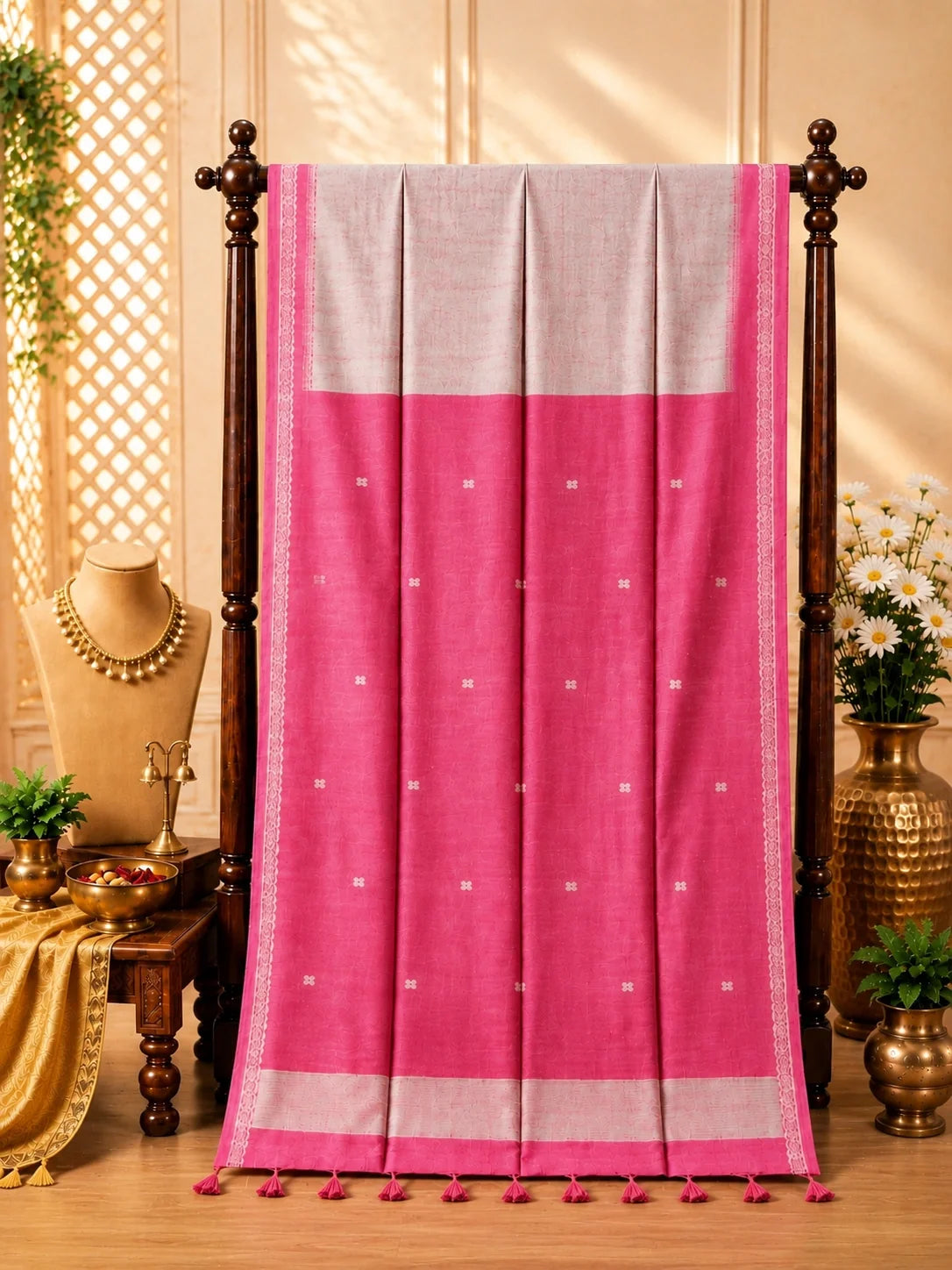 Pink Semi Tussar Jamdani Saree image 3