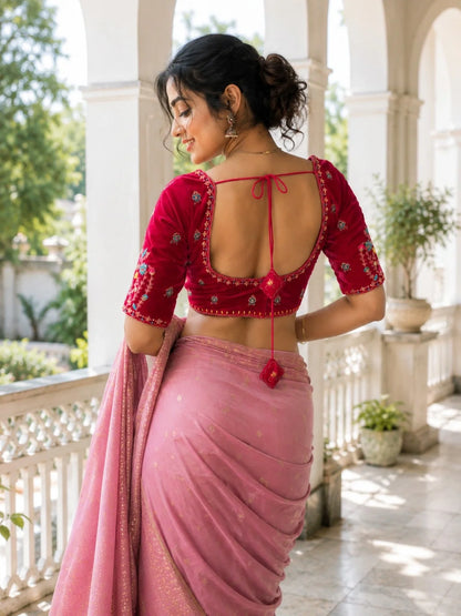 Pink Velvet Ari Work Sabyasachi Glass Sleeve Blouse for Women Floral Embroidered Bridal & Festive Ethnic Blouse