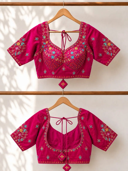 Pink Velvet Ari Work Sabyasachi Glass Sleeve Blouse for Women Floral Embroidered Bridal & Festive Ethnic Blouse