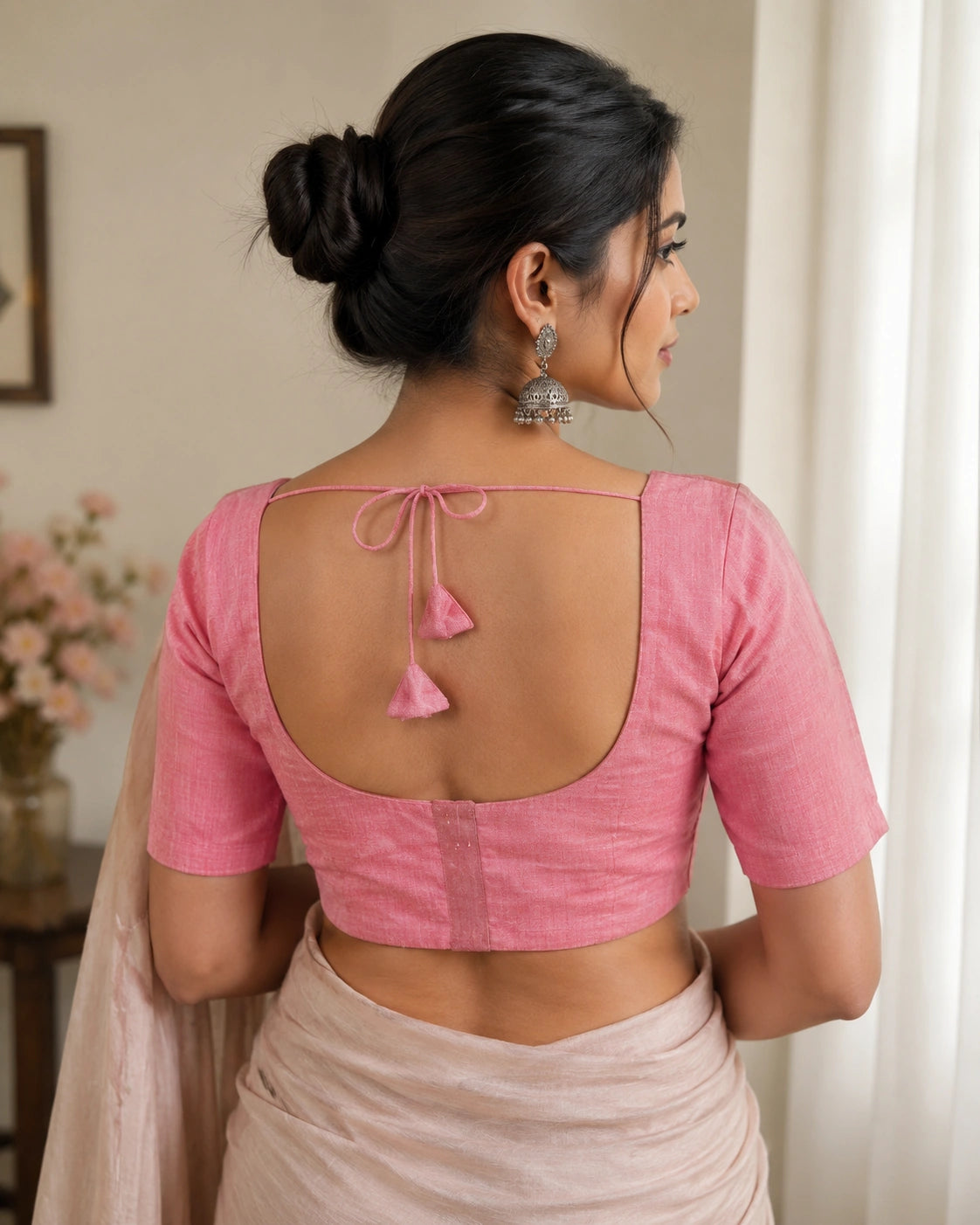 Pink Cotton V-Neck Puff Sleeve Readymade Blouse for Women