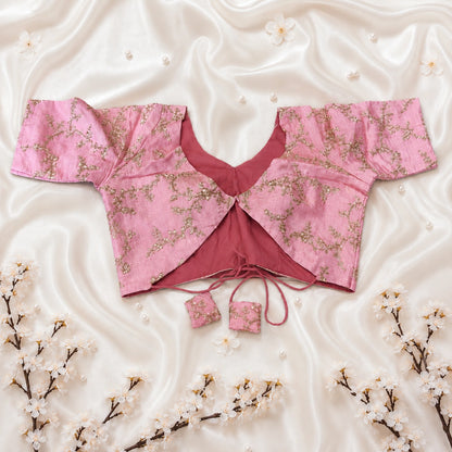 Pink Floral Embroidered Silk Blend Sweetheart Neck Blouse for Women Festive & Wedding Wear