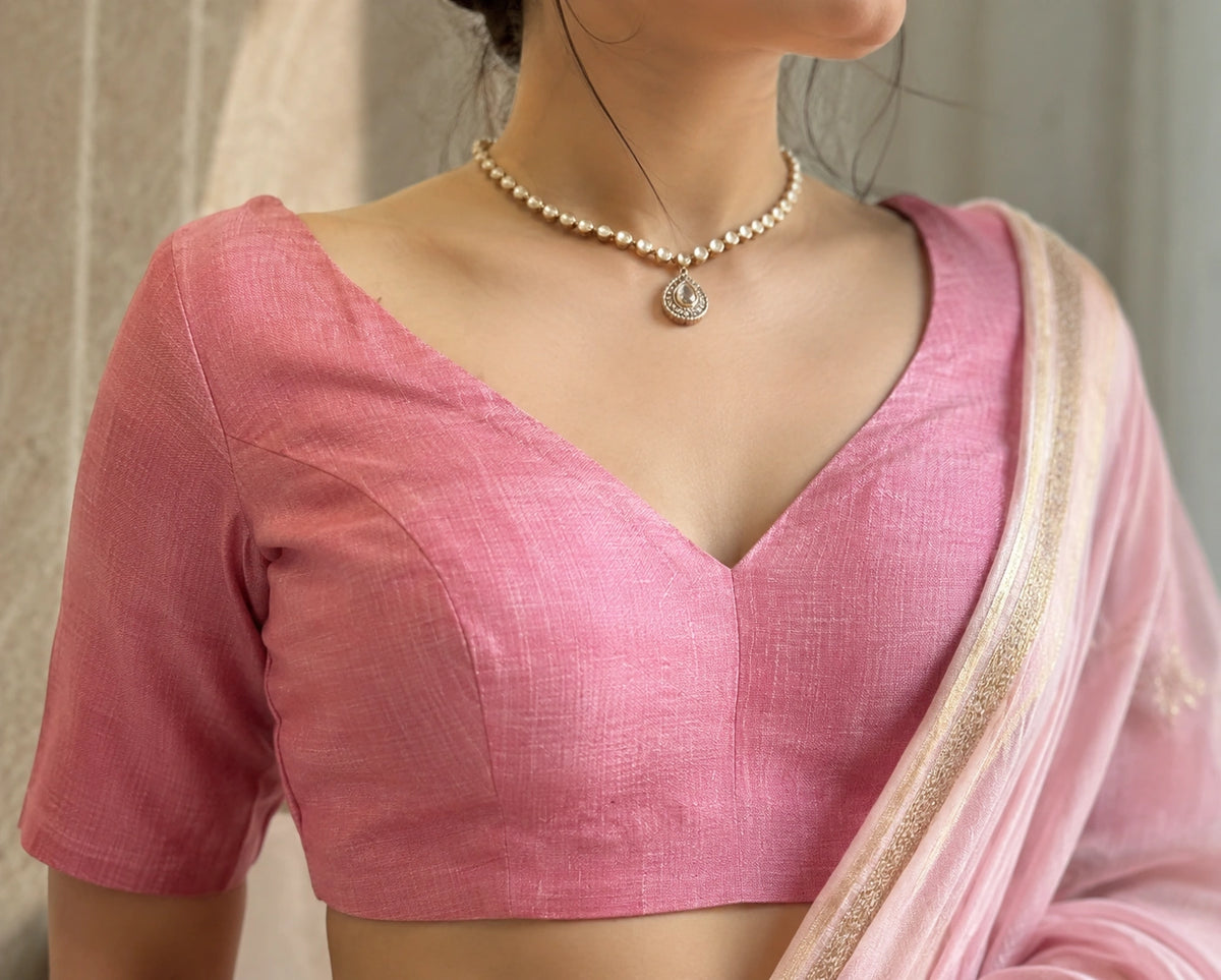 Pink Cotton V-Neck Puff Sleeve Readymade Blouse for Women