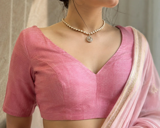 Pink Cotton V-Neck Puff Sleeve Readymade Blouse for Women