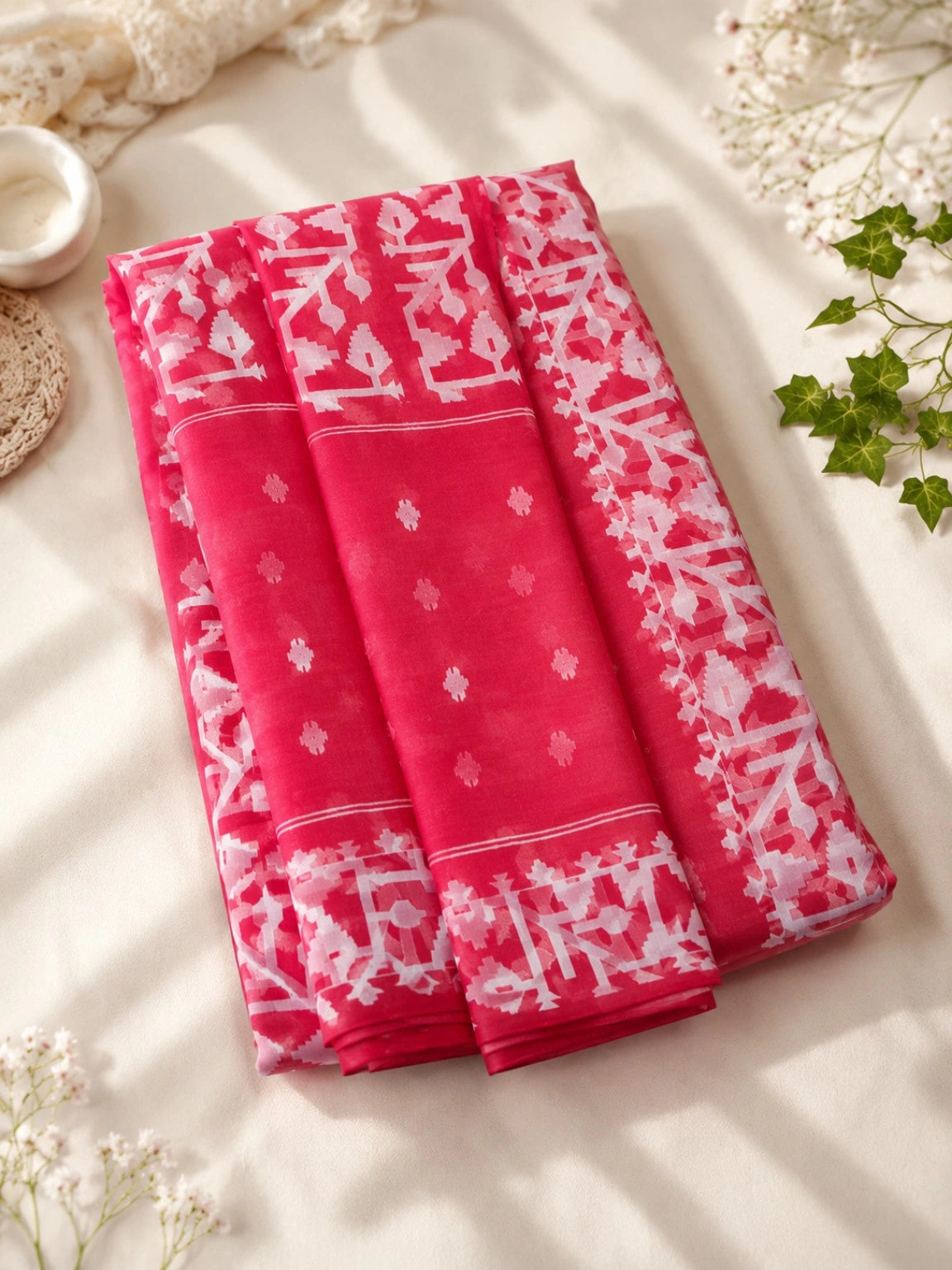 Red Muslin Saree with White Jamdani Inspired Woven Motifs & Contrast Border