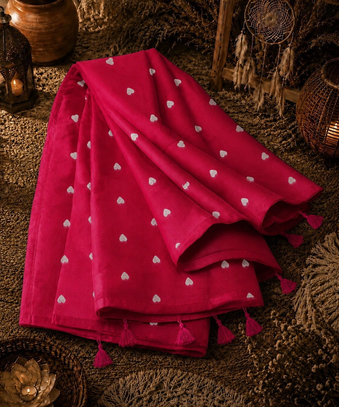 Rani Pink Mul Cotton Embroidery Saree with White Buti Motifs & Tassel Pallu