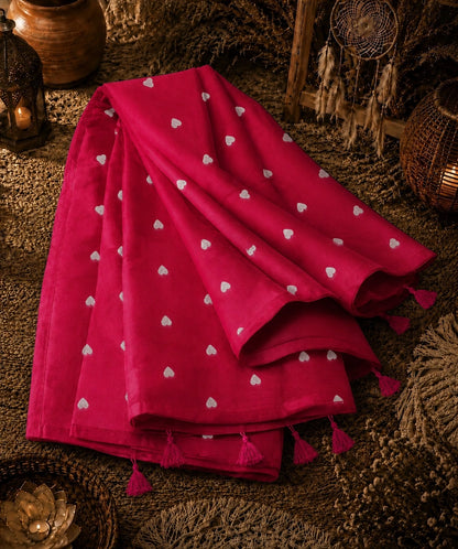 Rani Pink Mul Cotton Embroidery Saree with White Buti Motifs & Tassel Pallu