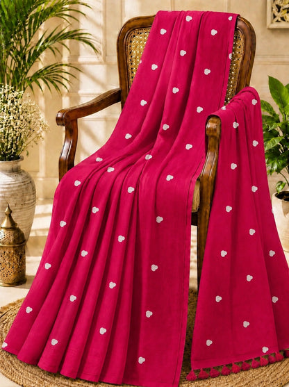 Rani Pink Mul Cotton Embroidery Saree with White Buti Motifs & Tassel Pallu