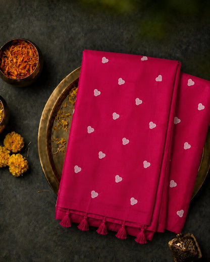 Rani Pink Mul Cotton Embroidery Saree with White Buti Motifs & Tassel Pallu