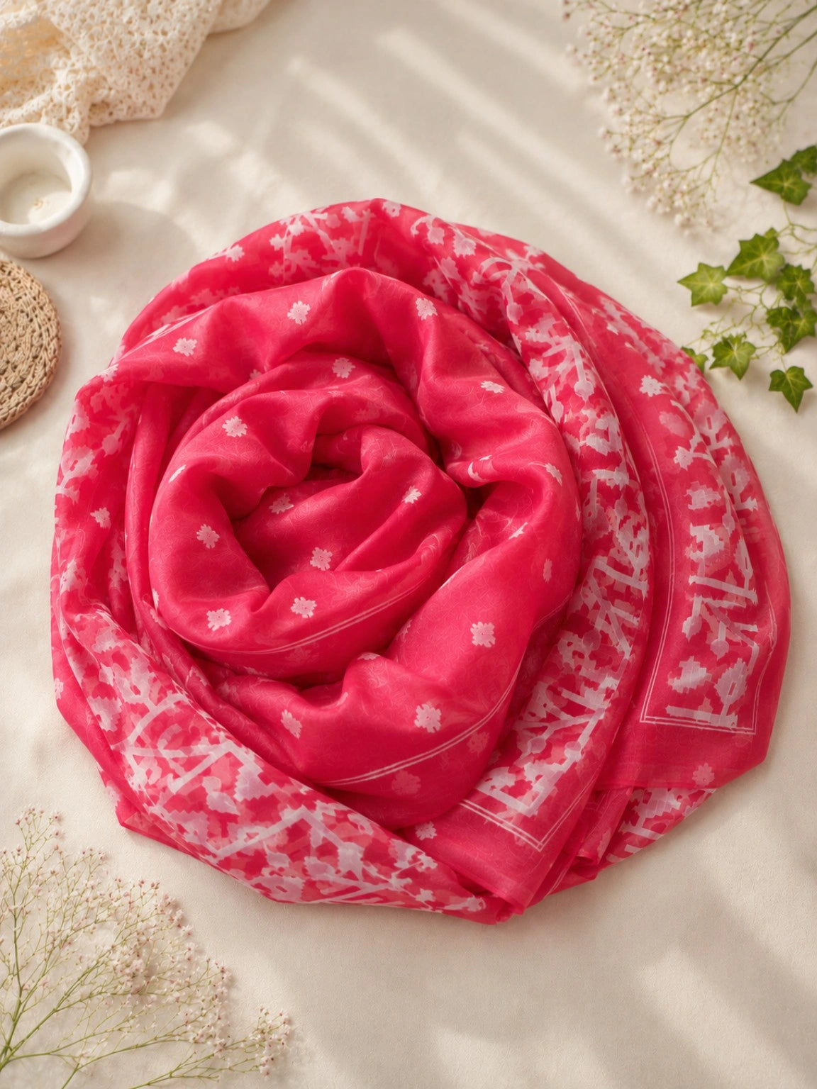 Red Muslin Saree with White Jamdani Inspired Woven Motifs & Contrast Border