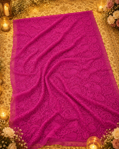 Fuchsia Pink Chikan Embroidered Paisley Saree with Floral Vine Work