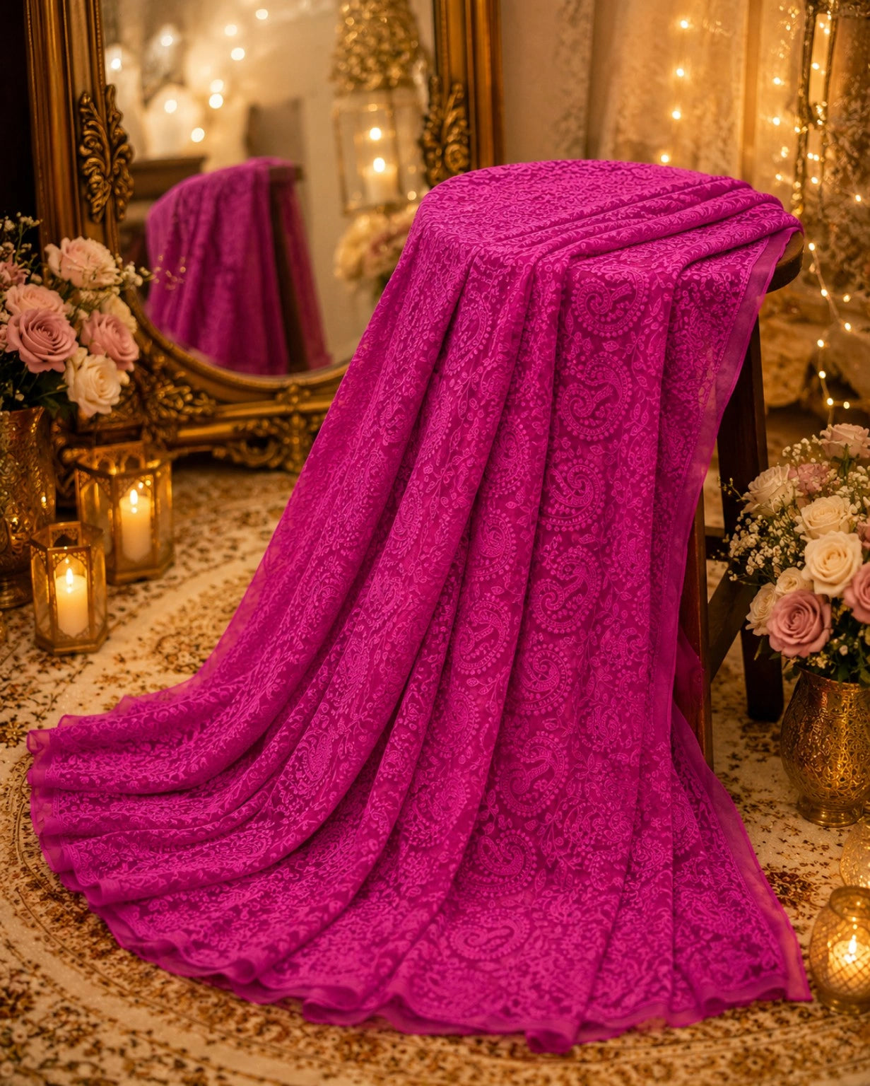 Fuchsia Pink Chikan Embroidered Paisley Saree with Floral Vine Work