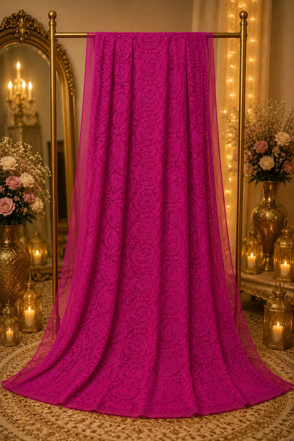 Fuchsia Pink Chikan Embroidered Paisley Saree with Floral Vine Work
