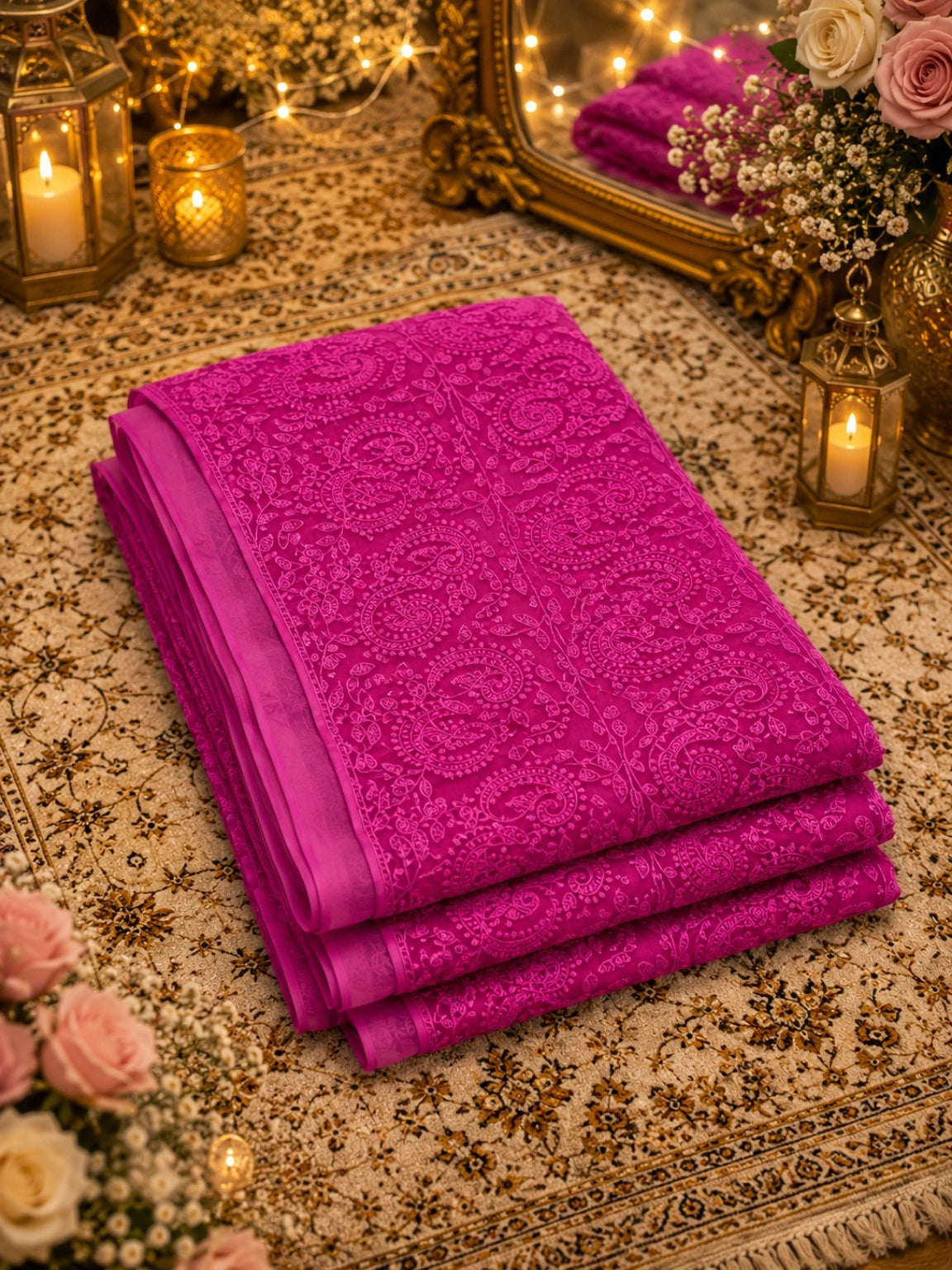 Fuchsia Pink Chikan Embroidered Paisley Saree with Floral Vine Work