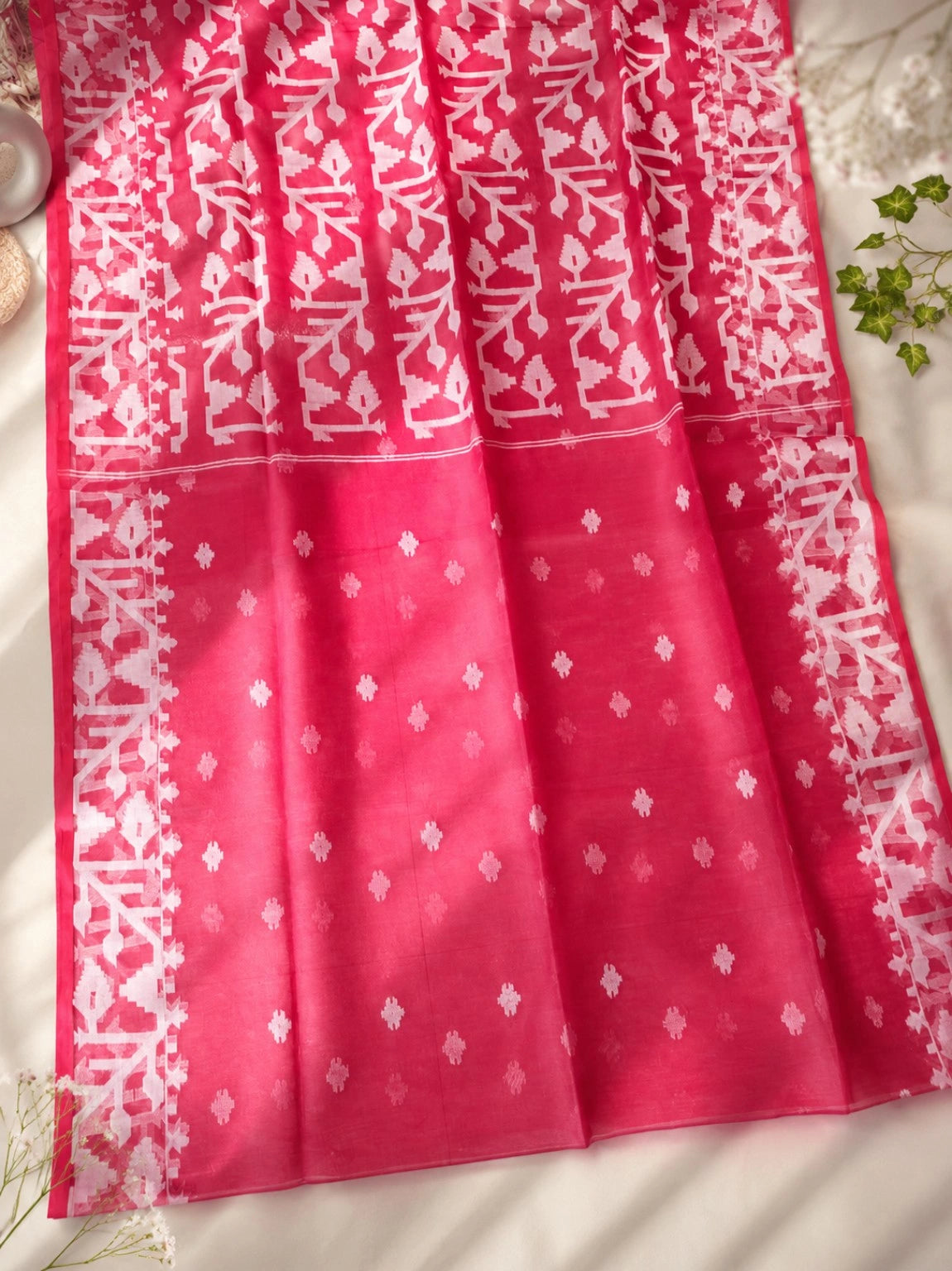 Red Muslin Saree with White Jamdani Inspired Woven Motifs & Contrast Border