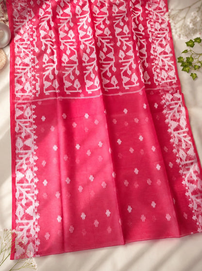 Red Muslin Saree with White Jamdani Inspired Woven Motifs & Contrast Border