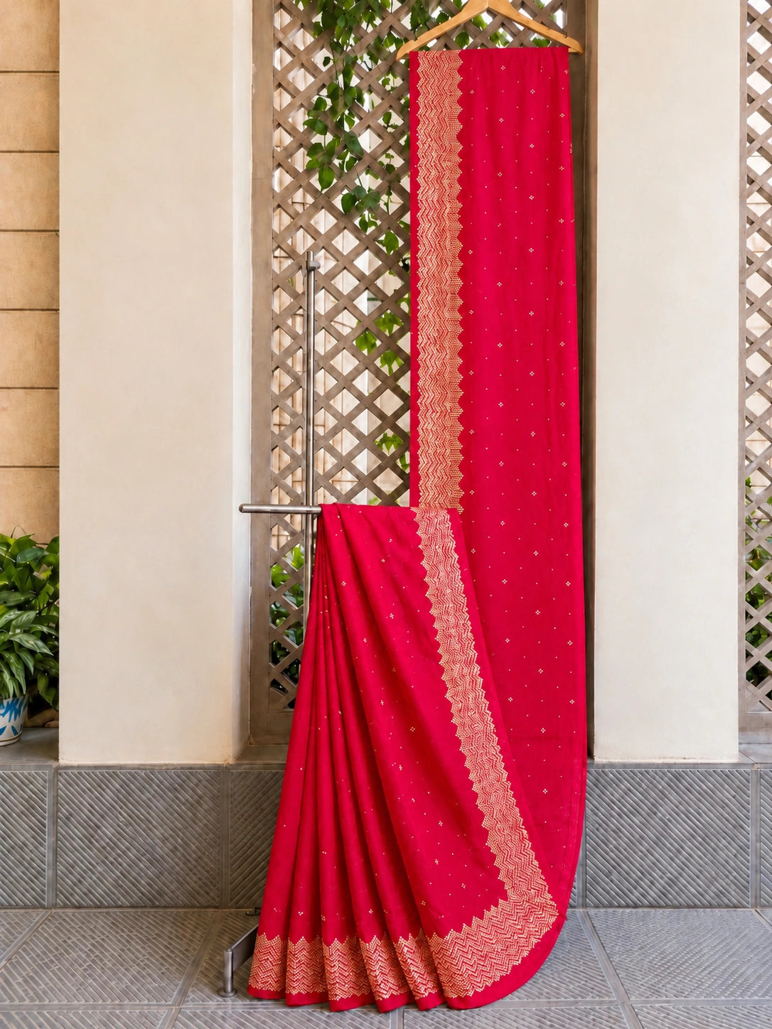 Rani Pink Fandy Buta Saree with Gold Zigzag Border and Buti Work