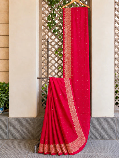 Rani Pink Fandy Buta Saree with Gold Zigzag Border and Buti Work