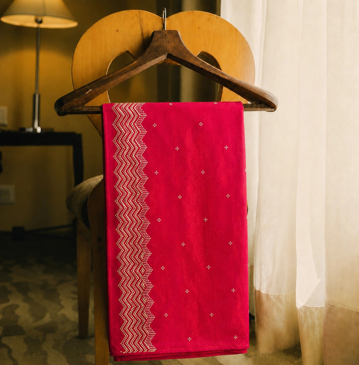 Rani Pink Fandy Buta Saree with Gold Zigzag Border and Buti Work