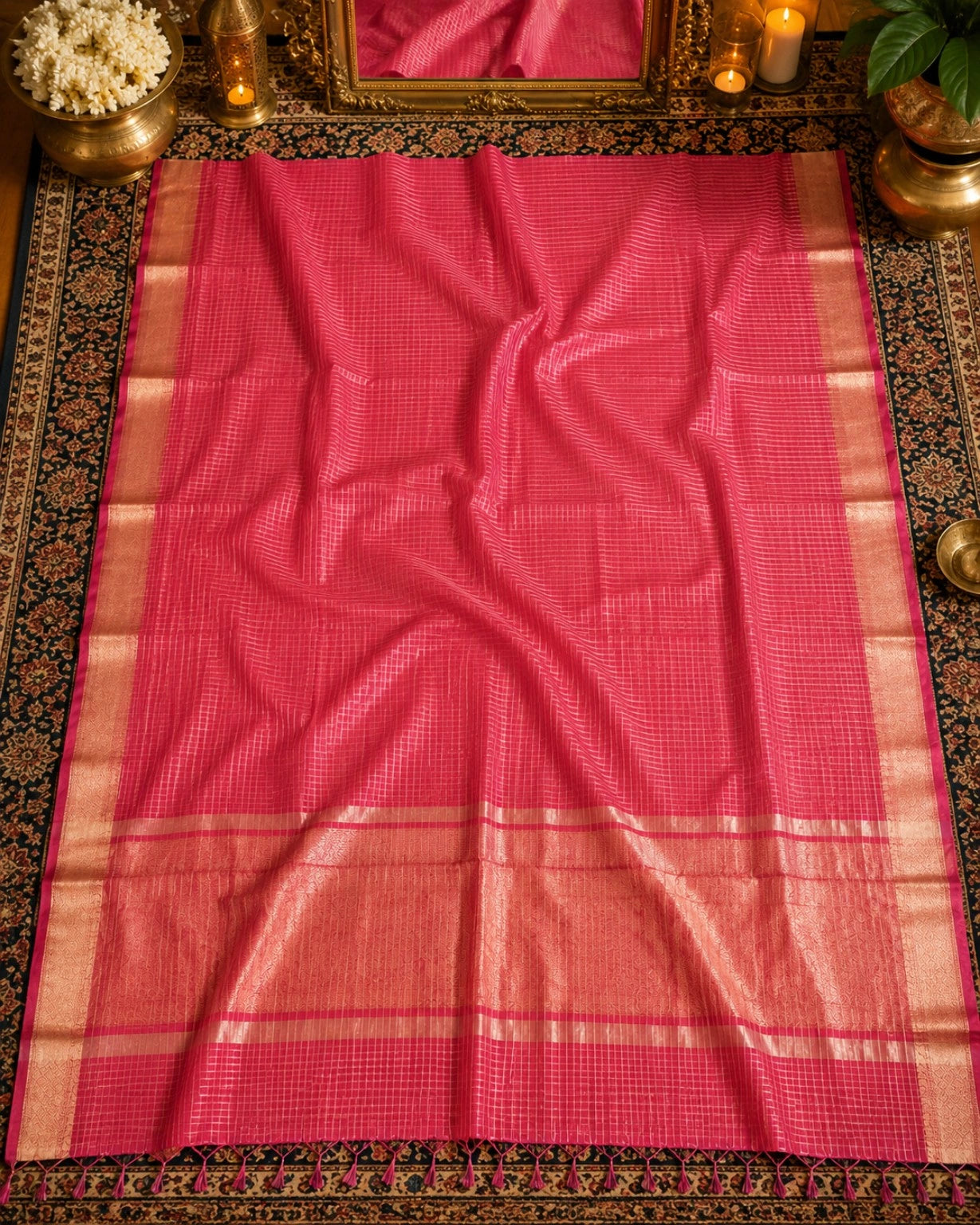 Magenta Mangalgiri Check Saree with Golden Grid Weave and Zari Border