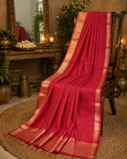 Magenta Mangalgiri Check Saree with Golden Grid Weave and Zari Border