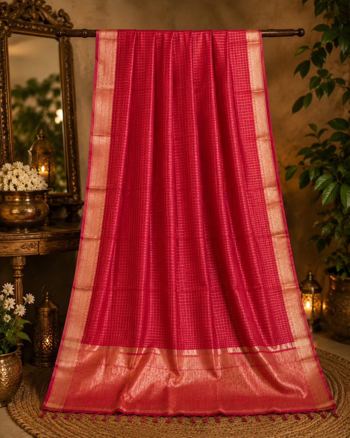 Magenta Mangalgiri Check Saree with Golden Grid Weave and Zari Border