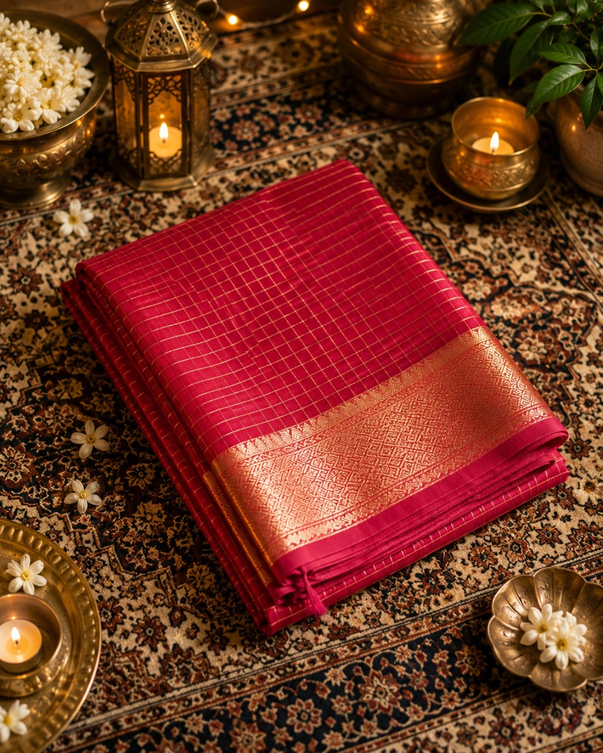 Magenta Mangalgiri Check Saree with Golden Grid Weave and Zari Border