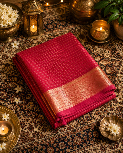 Magenta Mangalgiri Check Saree with Golden Grid Weave and Zari Border