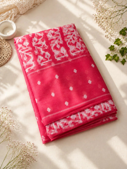 Red Muslin Saree with White Jamdani Inspired Woven Motifs & Contrast Border