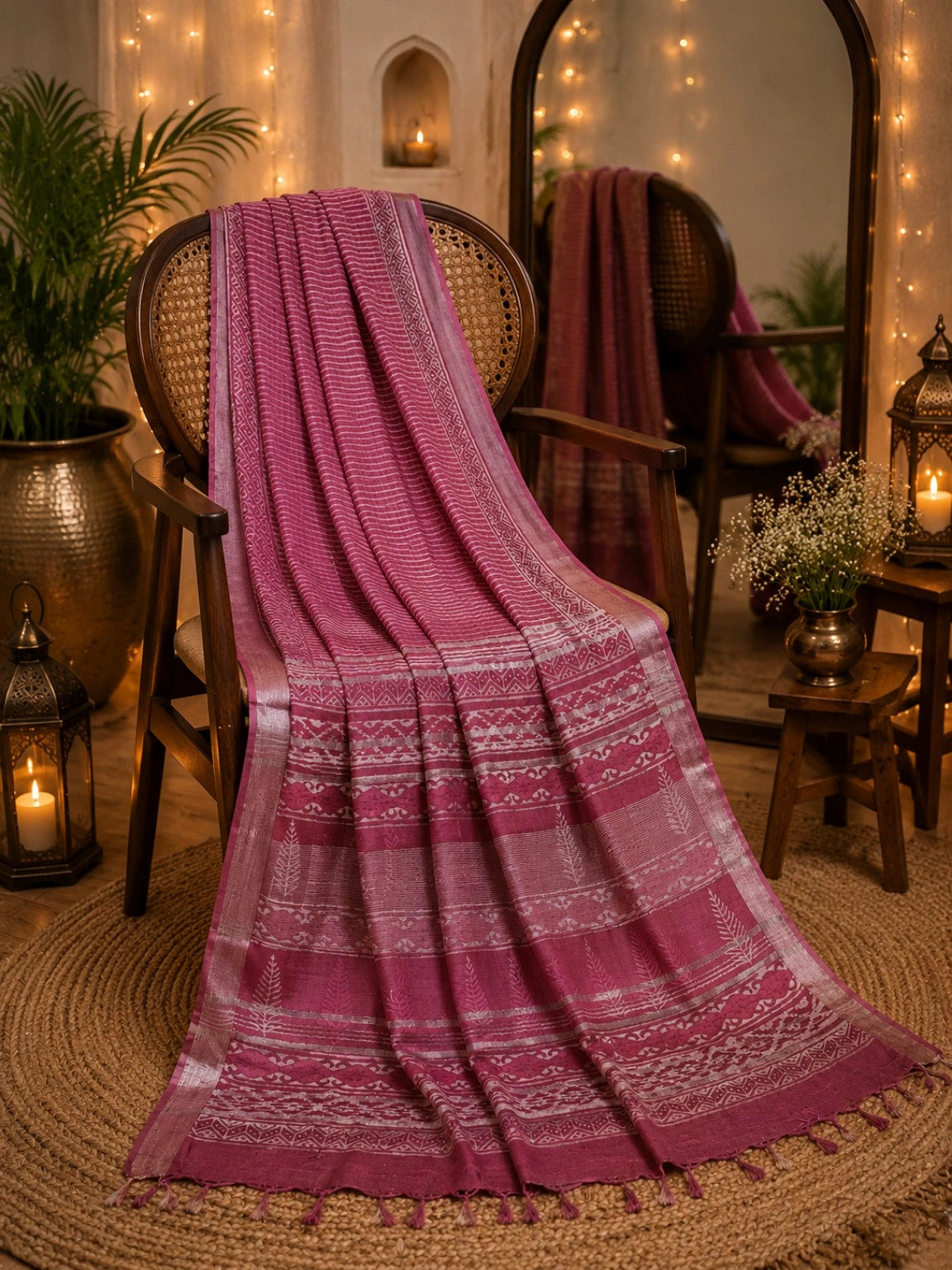 Magenta Pink Linen Bagru Print Saree with Striped Body & Ethnic Border