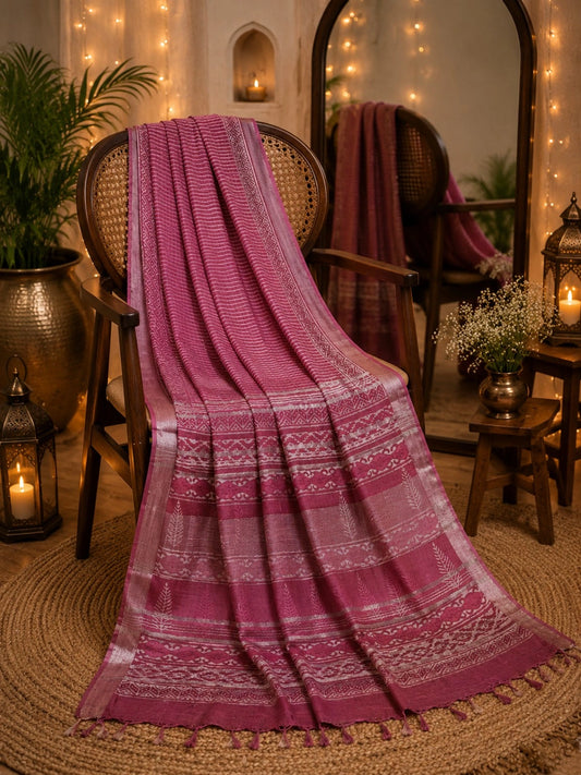 Magenta Pink Linen Bagru Print Saree with Striped Body & Ethnic Border