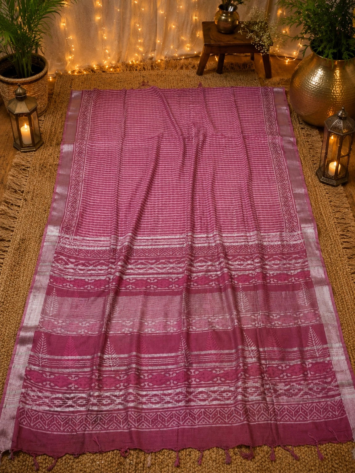 Magenta Pink Linen Bagru Print Saree with Striped Body & Ethnic Border