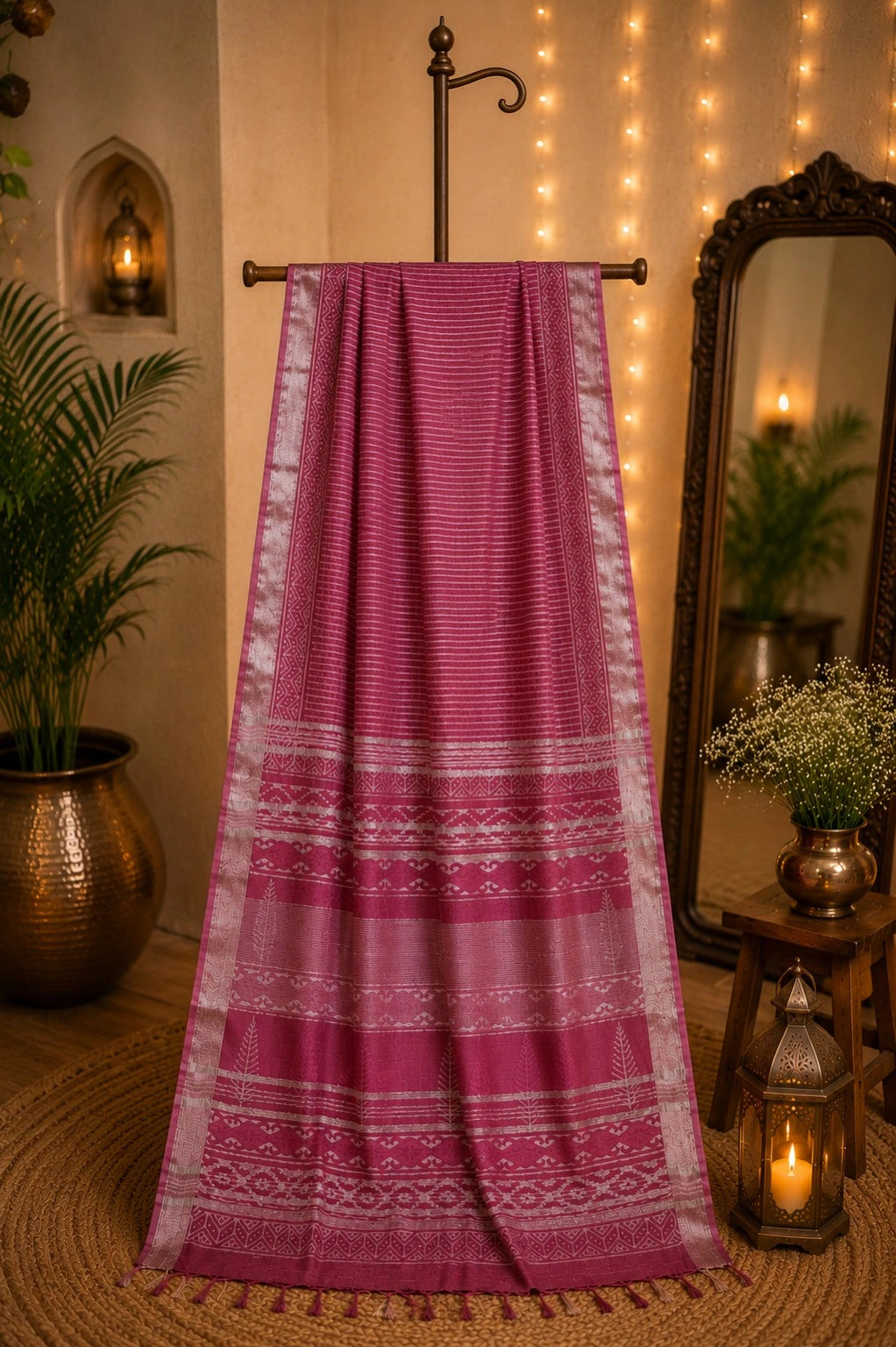 Magenta Pink Linen Bagru Print Saree with Striped Body & Ethnic Border