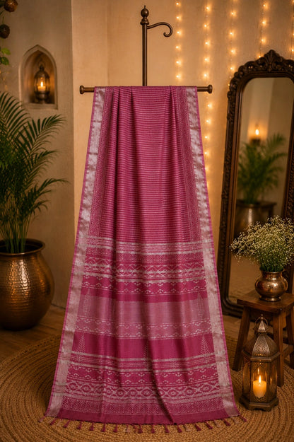 Magenta Pink Linen Bagru Print Saree with Striped Body & Ethnic Border